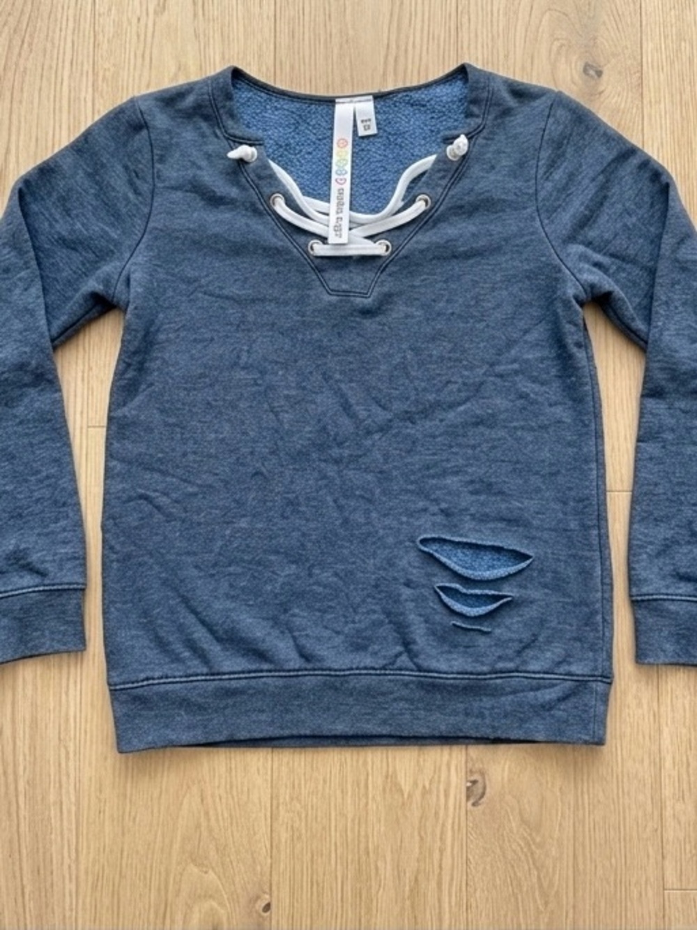 Malibu Sugar Girls Distressed Lace-Up Top Long Sleeve Sweatshirt Navy Blue